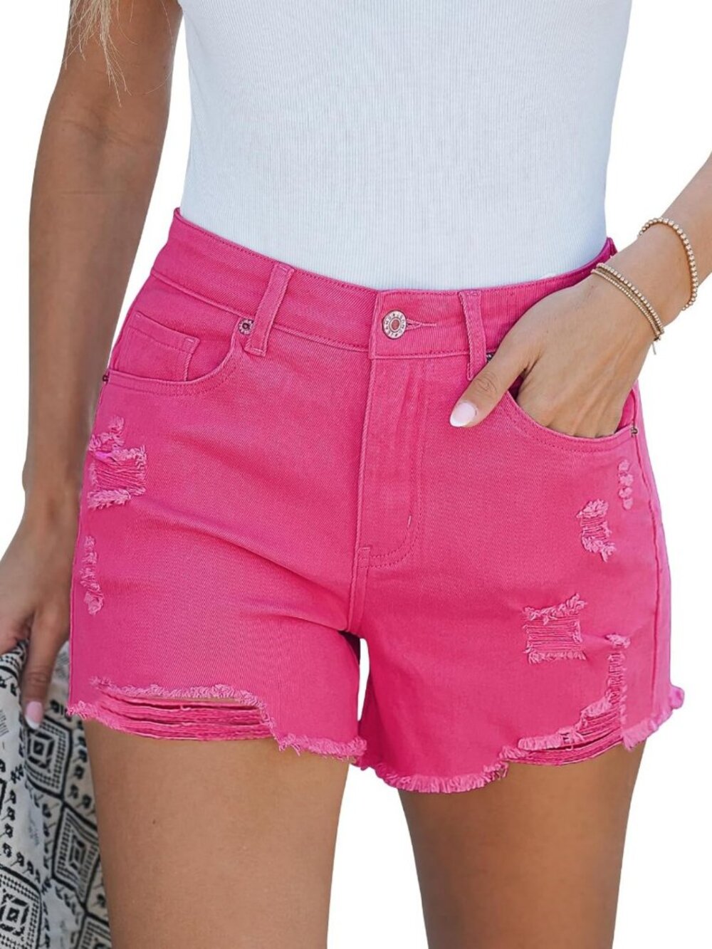 High-Waisted Distressed Denim Jean Shorts for Women - Stretchy, Ripped, Casual
